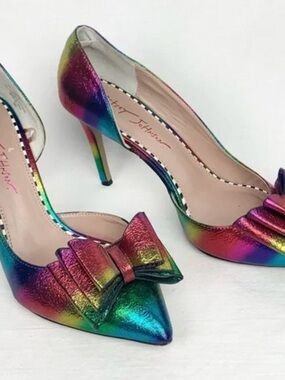 Betsey Johnson Iridescent Rainbow Bow Pointed-Toe Pumps